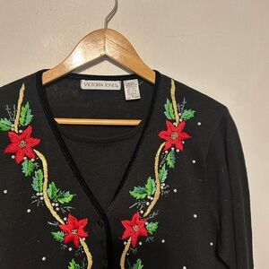 Victoria Jones Woman Black Cardigan with Red and Green Embroidery